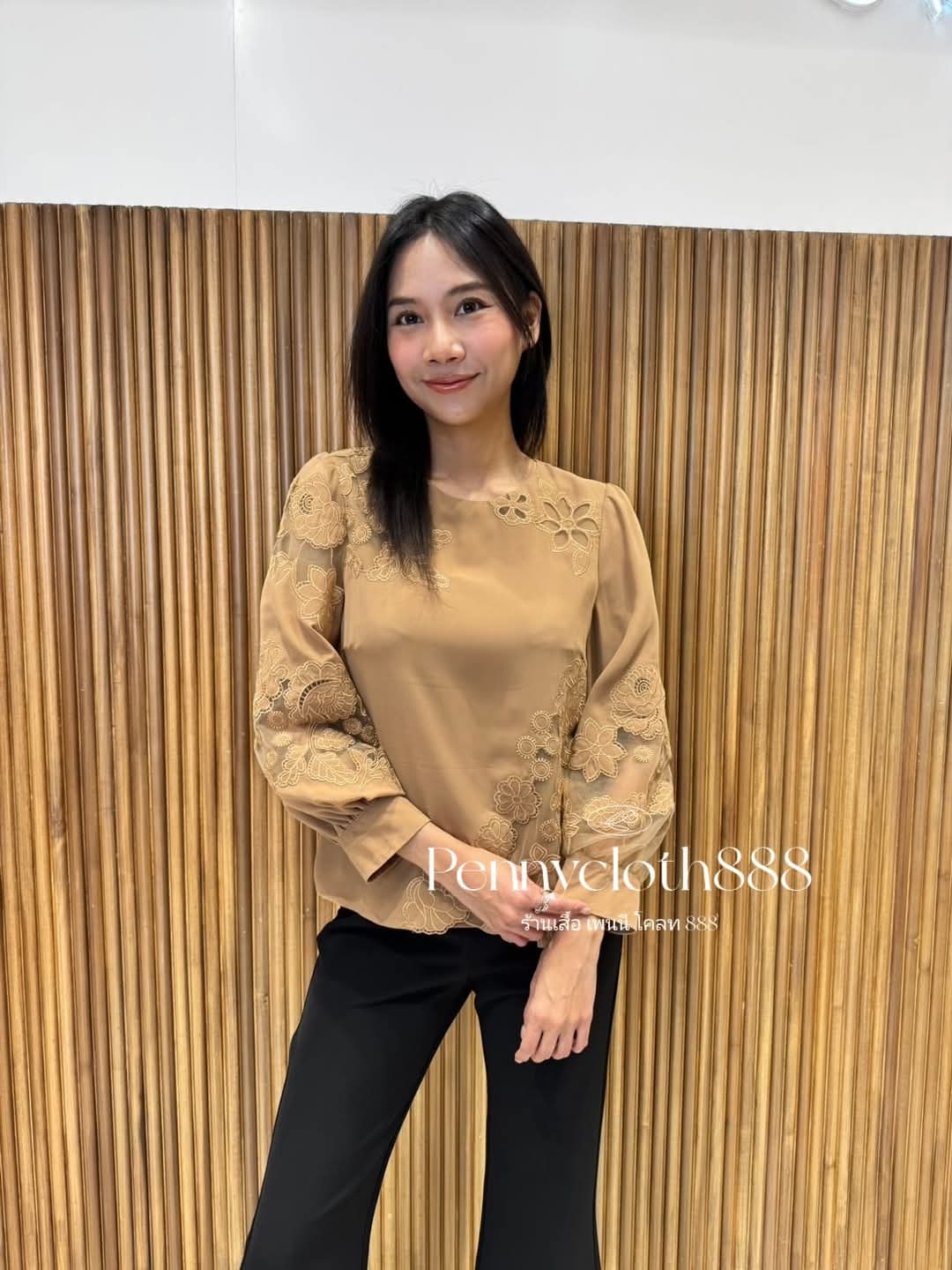 69705 เสื้อ A La Carte ชีฟอง งานปักเซาะผ้าลูกไม้ตาข่าย แขน 4 ส่วน มีซับใน by PENNY CLOTH