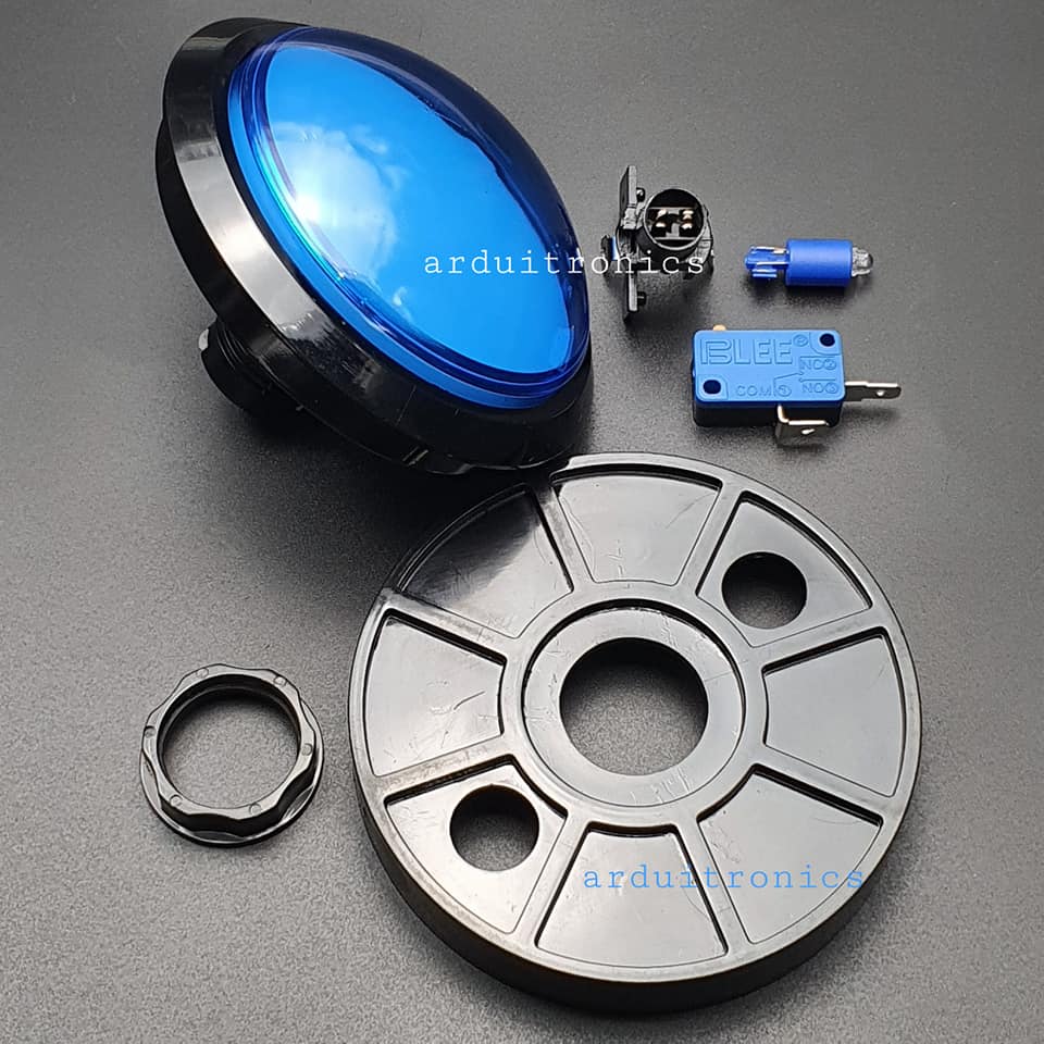 ปุ่มกดตู้เกม สวิตช์กดติดปล่อยดับขนาดใหญ่ 100mm พร้อมไฟ LED สีน้ำเงิน
