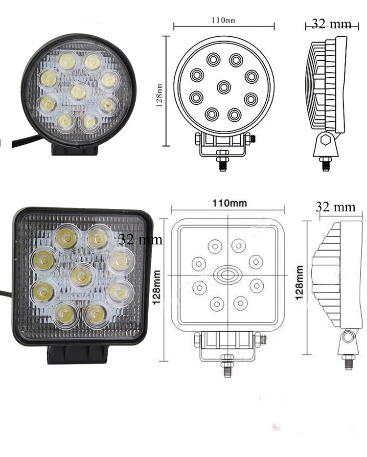 รุ่นบาง 3 cm. ไฟสปอตไลท์ แอลอีดี LED SPOT LIGHT เหลี่ยม 27W 12V/24V ขนาด 4"นิ้ว (สินค้าสั่งผลิต ใช้หลอด LED คุณภาพสูง อย่างดี)