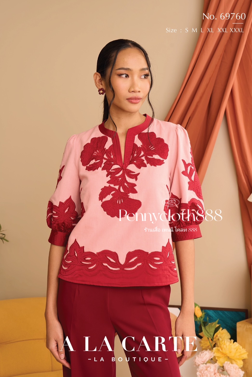 69760 เสื้อ A La Carte ลินิน งานตัดต่อผ้า งานปัก คอกลมผ่าวี มีซับในคอตตอน แขน 3 ส่วน by PENNY CLOTH 888