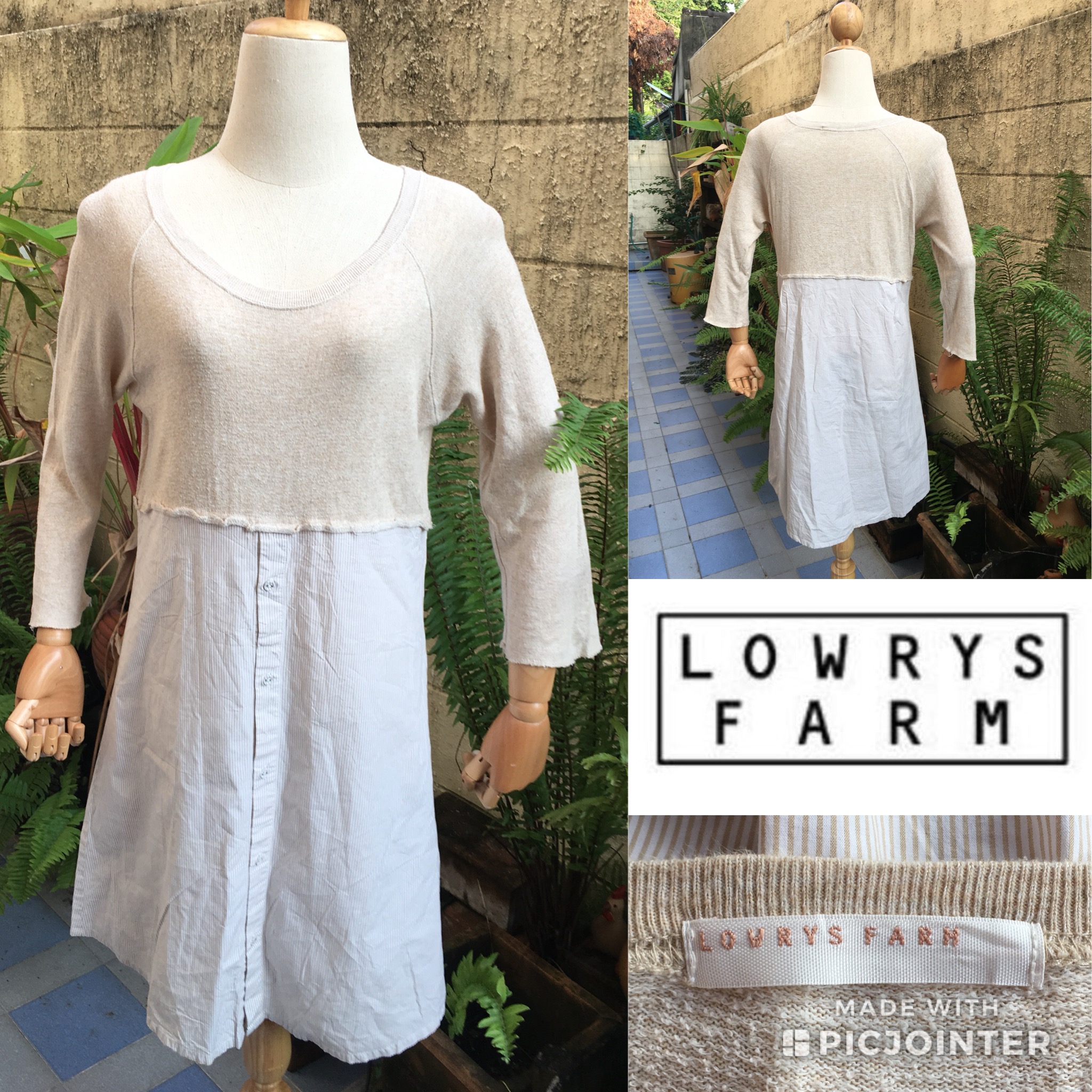 2sis1bro แบรนด์แท้ Lowrys Farm เดรสผ้าฝ้าย กระโปรงลายทาง แขนห้าส่วน มือสอง พร้อมส่ง sz F