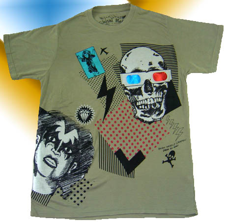 เสื้อยืดแขนสั้น ผ้าฟอกนิ่ม สีเขียว Shiroi Neko ลายกระโหลกใส่แว่นเลเซอร์ กะ ซาตาน sz L