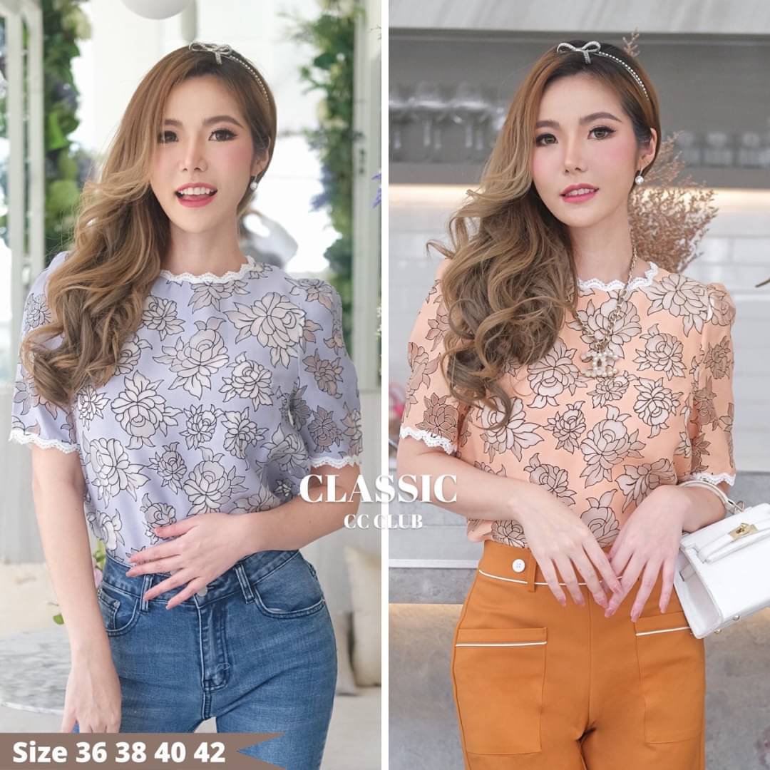 P8850 เสื้อแฟชั่นผ้าคอตตอน ลายดอกไม้ แต่งทริมลูกไม้ แขนสั้น มีซับใน ความยาวเสื้อ 22-23" สีฟ้า M 38, สีส้ม S 36 , M 38