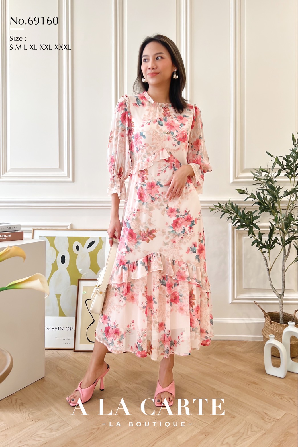 69160💐A La Carte👗ชุดเดรสชีฟองพิมพ์ลาย ลายผ้าดอกช่อใหญ่ฟุ้งๆกระจาย คอกลมพับเย็บรูดระบาย ใต้อกต่อเป็นวีคว่ำเก็บทรง แขน 3 ส่วน ขอบแขนสม็อก กระโปรงตัดต่อระบาย🦋สีเขียว XL