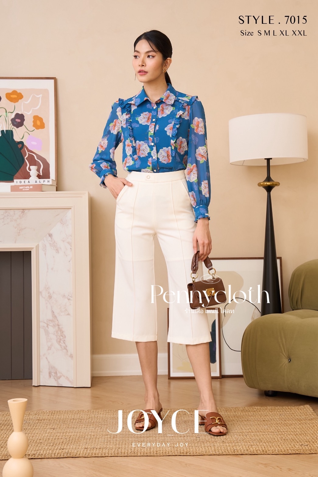 7015 เสื้อเชิ้ต Joyce ชีฟองพิมพ์ลาย แต่งระบาย มีกระดุมหน้า ซับใน แขนยาว by PENNY CLOTH
