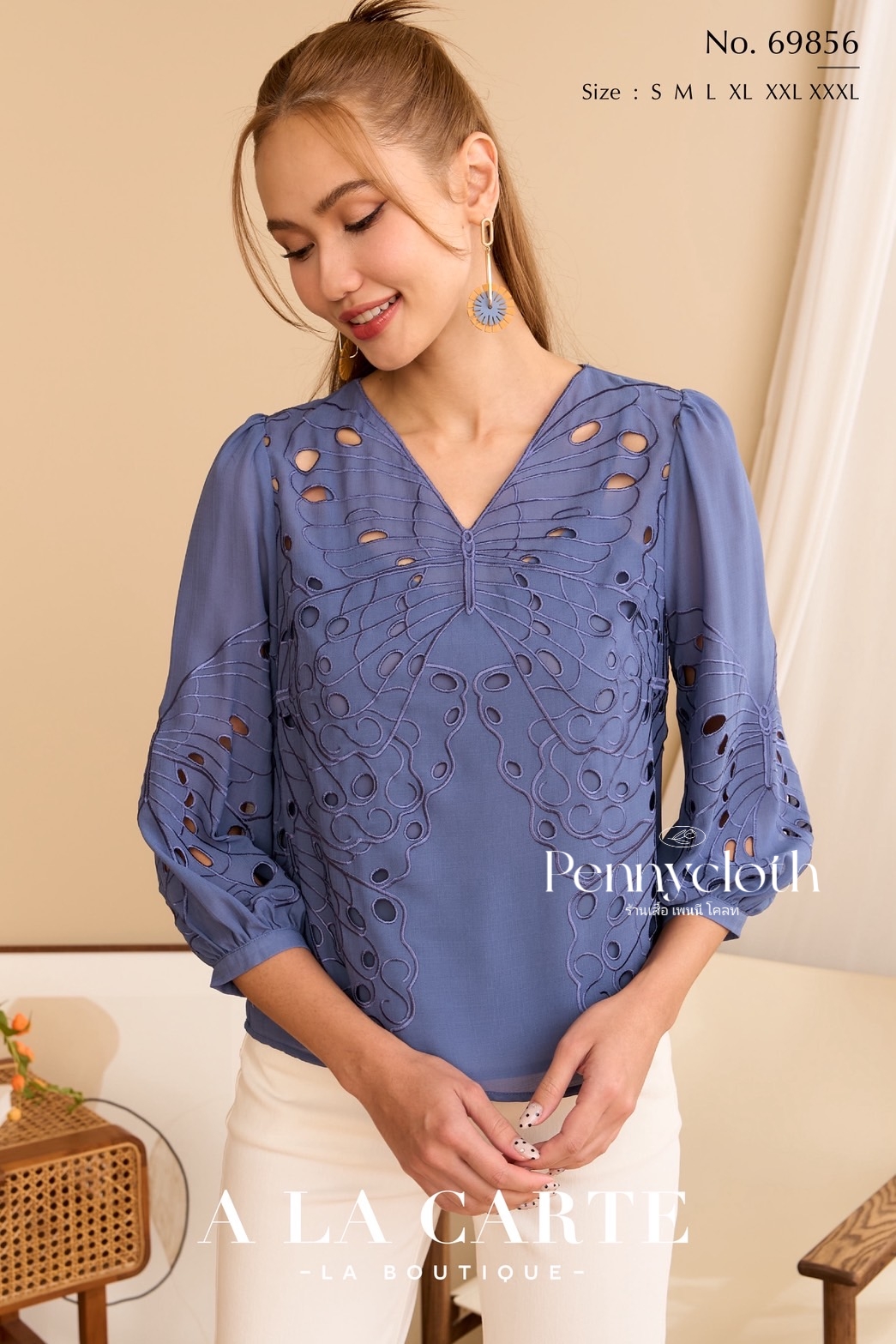 69856 เสื้อ A La Carte ชีฟอง งานปักฉลุ ผีเสื้อ คอวี แขน 3 ส่วน เสื้อมีซับใน