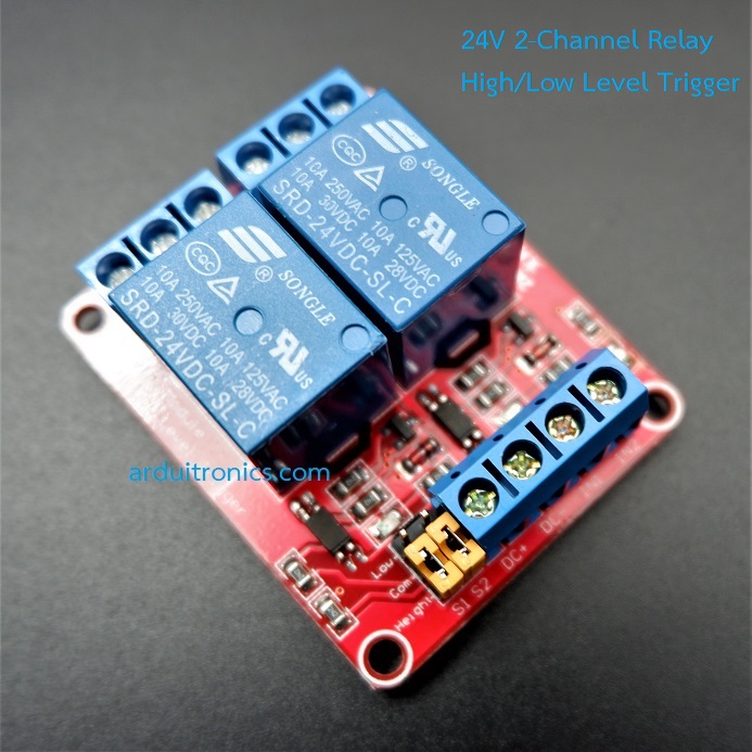 24V 2 Channel Relay High/Low Level Trigger Relay Module (Red PCB)
