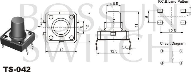 Tact Switch 12X12x12 mm ไมโครสวิตช์ กดติดปล่อยดับ 4 ขา (หัวกลม) (5 ชิ้น/pack)