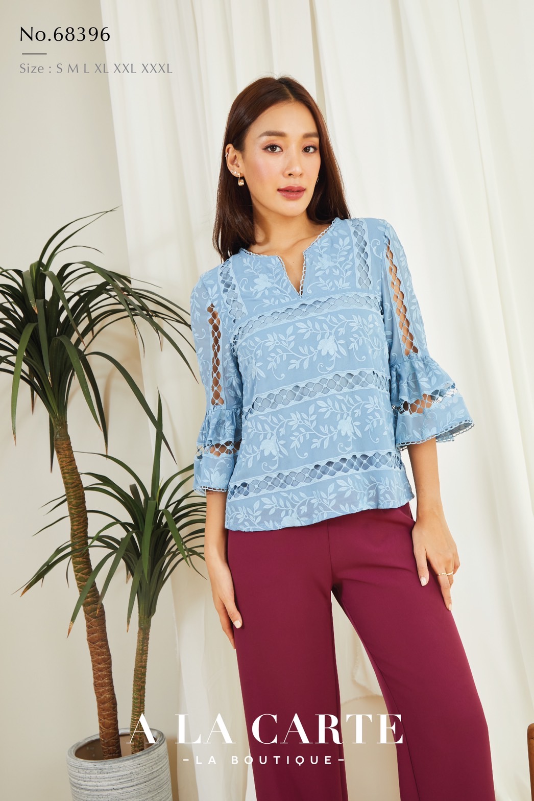 68396 เสื้อ A LA CARTE ผ้าชีฟองสีพื้นปักลายดอกแบบ tone on tone ทอลูกไม้สลับ ตัดต่อวางลายสลับช่วงอก คอผ่าวีใส่ทริมกราฟฟิค แขน 3 ส่วน โทนสีใหม่สวยมาก สีฟ้า 2XL,3XL สีแดง XL,3XL สีเขียว L,XL,3XL สีน้ำตาล M