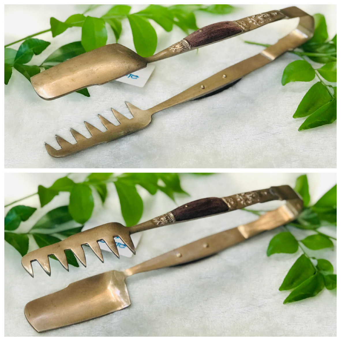 Antique brass food tongs ที่คีบอาหาร ที่คีบขนม ของหวาน ตอกลายเทพพนม เนื้อทองเหลืองหนาๆ ด้ามจับเสริมด้วยไม้แท้