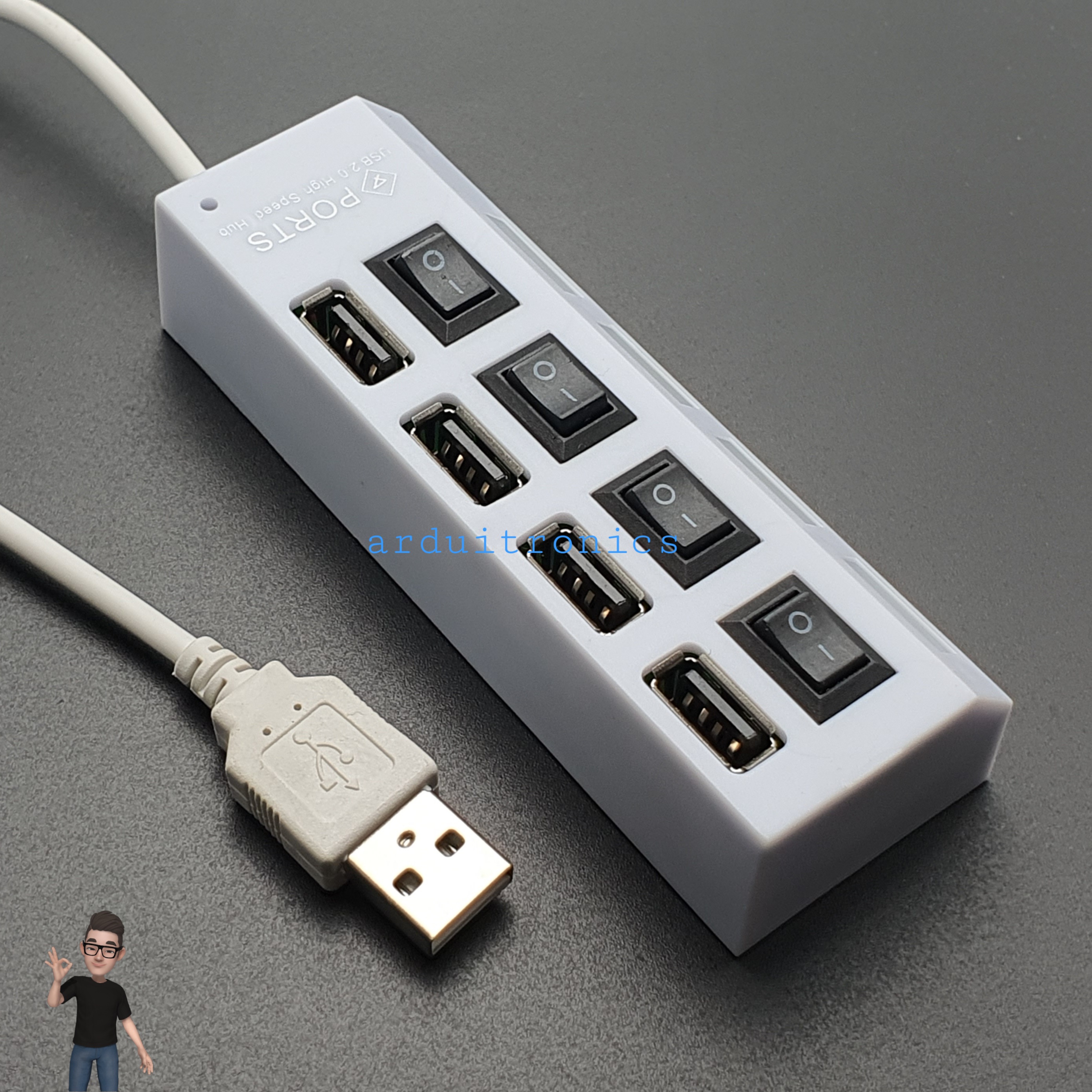 4 Ports USB Hub High-speed USB2.0 Individual LED Power Switches ( White )