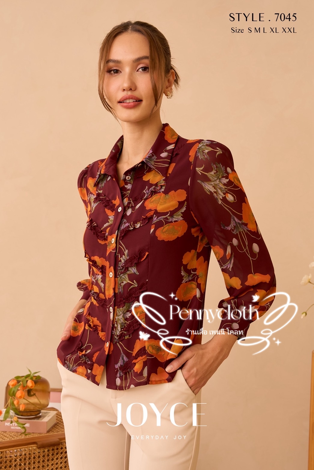 7045 เสื้อเชิ้ตแขนยาว ชีฟองพิมพ์ลาย กระดุมหน้า มีซับในเย็บติด อก 36-44" by PENNY CLOTH