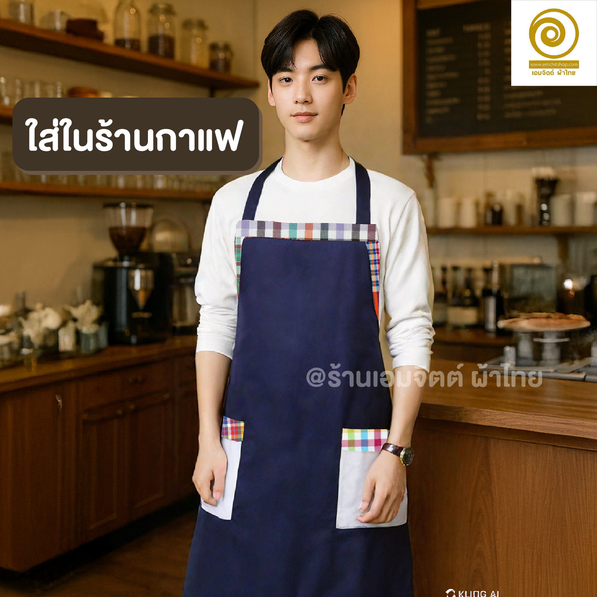 [RTW05] ผ้ากันเปื้อน ขอบผ้าขาวม้า ฟรีไซส์ ร้านอาหาร ร้านกาแฟ กระเป๋าหน้า 2ใบ พร้อมส่ง