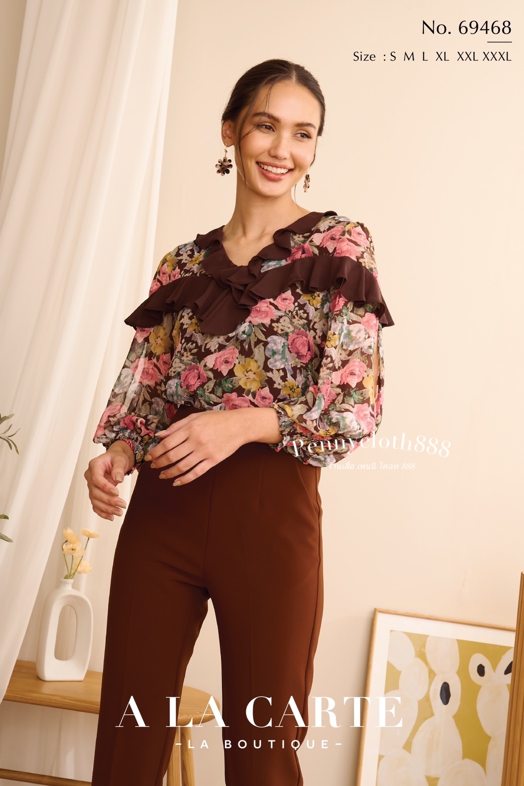 69468 เสื้อ A la carte ชีฟองพิมพ์ลายดอก คอวี แต่งระบาย แขนสม็อค สีฟ้าอมเขียว น้ำตาล ดำ