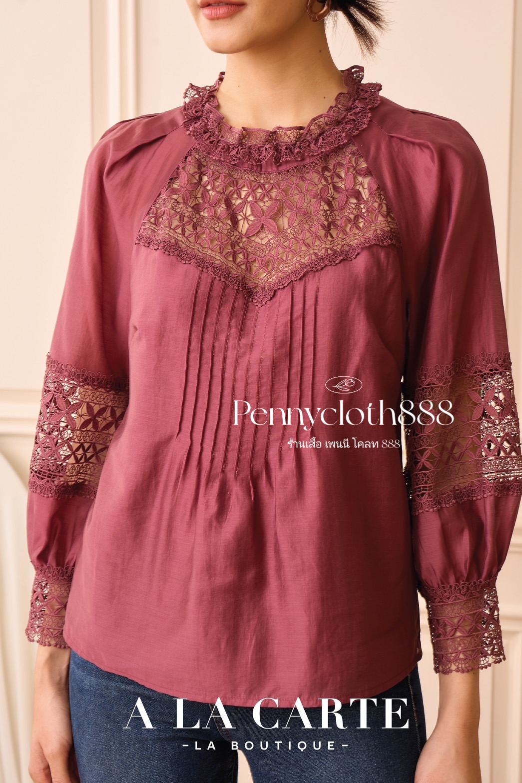 69651 เสื้อ Alacarte ชีฟองซิลด์เนื้อเนียนใส่สบาย ตัดต่อลูกไม้ ตีเกล็ด มีซับ แขนยาวแต่งลูกไม้ สวยหรู