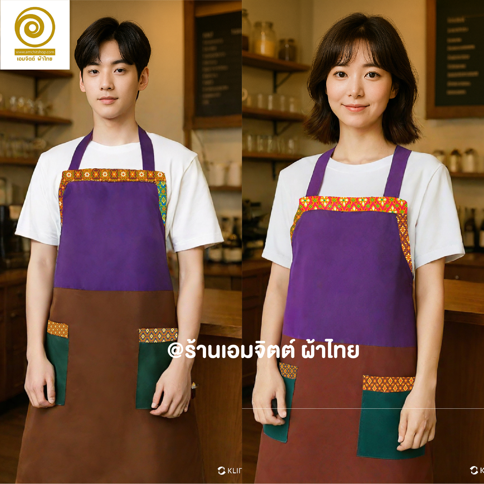 [RTW05] ผ้ากันเปื้อน ขอบผ้าขาวม้า ฟรีไซส์ ร้านอาหาร ร้านกาแฟ กระเป๋าหน้า 2ใบ พร้อมส่ง