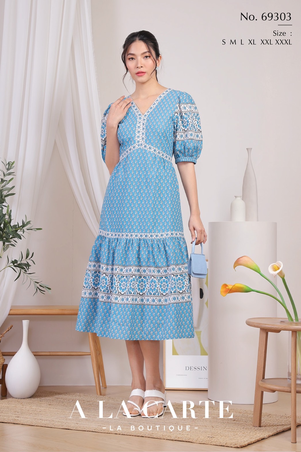 69303👗ชุดเดรสแขนสั้น ผ้าคอตตอนพิมพ์ลายดอก คอวี คัทวีใต้อก มีซับใน กระโปรงทรงต่อระบาย ความยาว 48-50" สีฟ้า S,M,L,3XL สีแดง S,M, 2XL สีเหลือง S-L,2XL,3XL