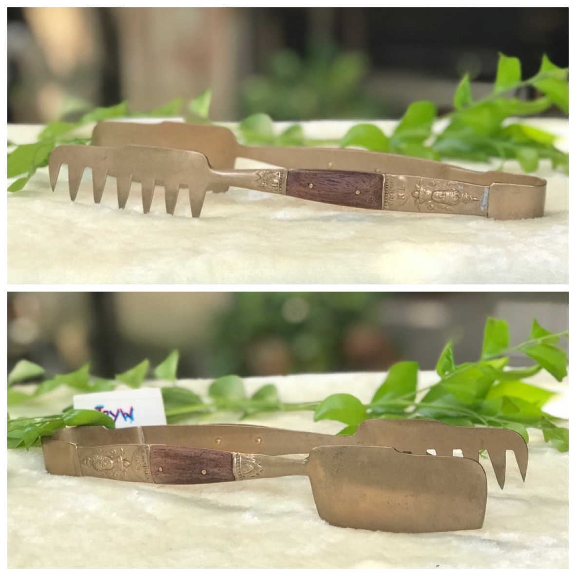 Antique brass food tongs ที่คีบอาหาร ที่คีบขนม ของหวาน ตอกลายเทพพนม เนื้อทองเหลืองหนาๆ ด้ามจับเสริมด้วยไม้แท้