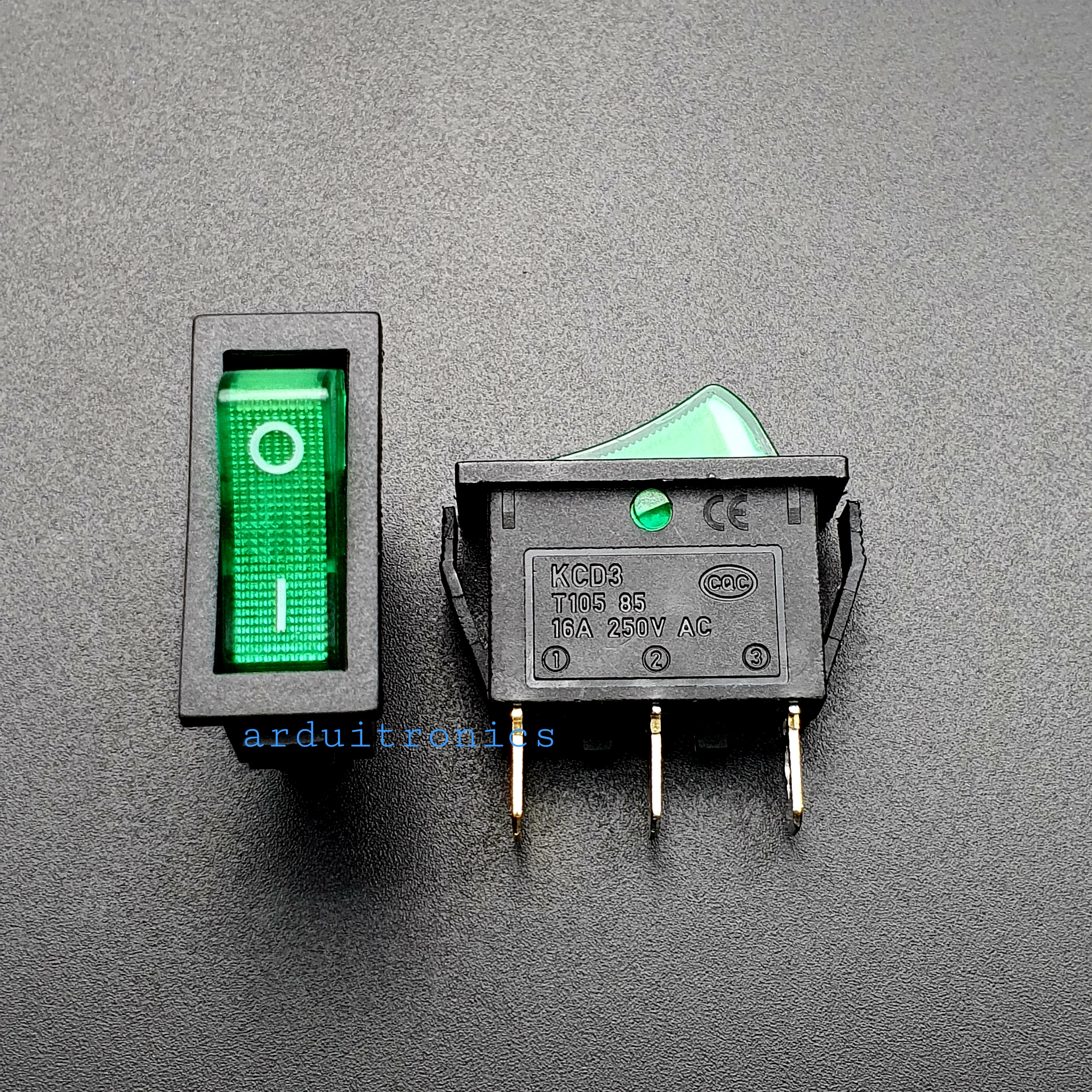 สวิตช์ไฟเปิด/ปิด KCD3-101N 15A 250VAC (3 ขา สีเขียว)