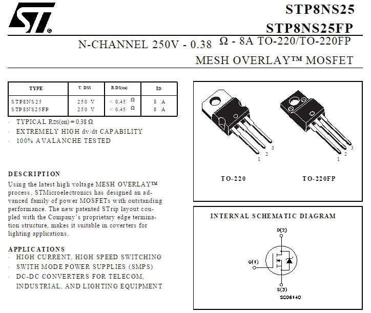 STP8NS25FP P8NS25FP (TO-220F) 250V 0.38 OHM 8A TO-220/TO-220FP MESH OVERLAY