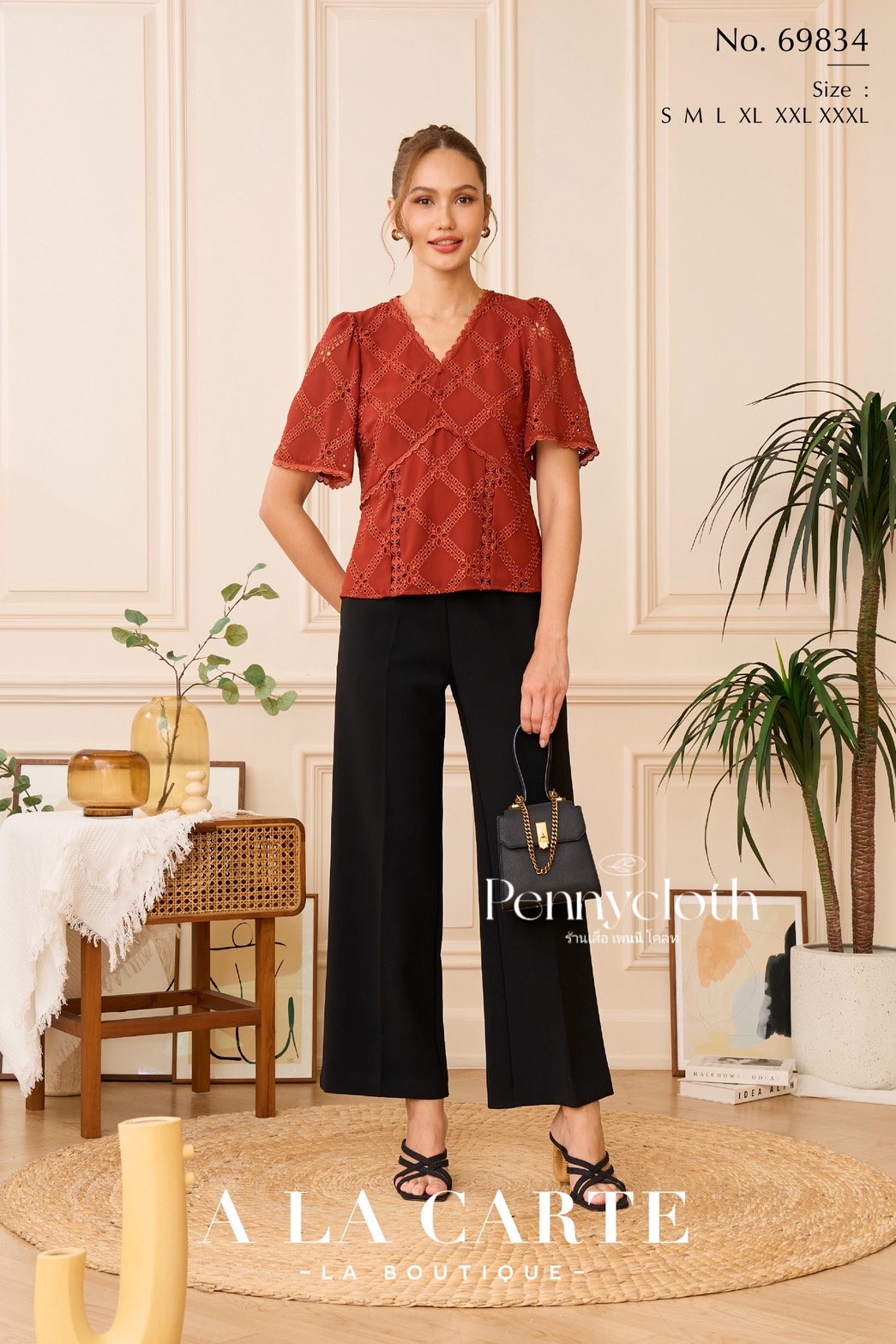 A La Carte รหัส 69834 เสื้อลูกไม้ชีฟอง งานปัก คอวี แขนสั้นแฟร์ สีดำ สีขาว สีโอวัลติน สีส้ม ( ขนาดเอวน้อยกว่าอก 2")