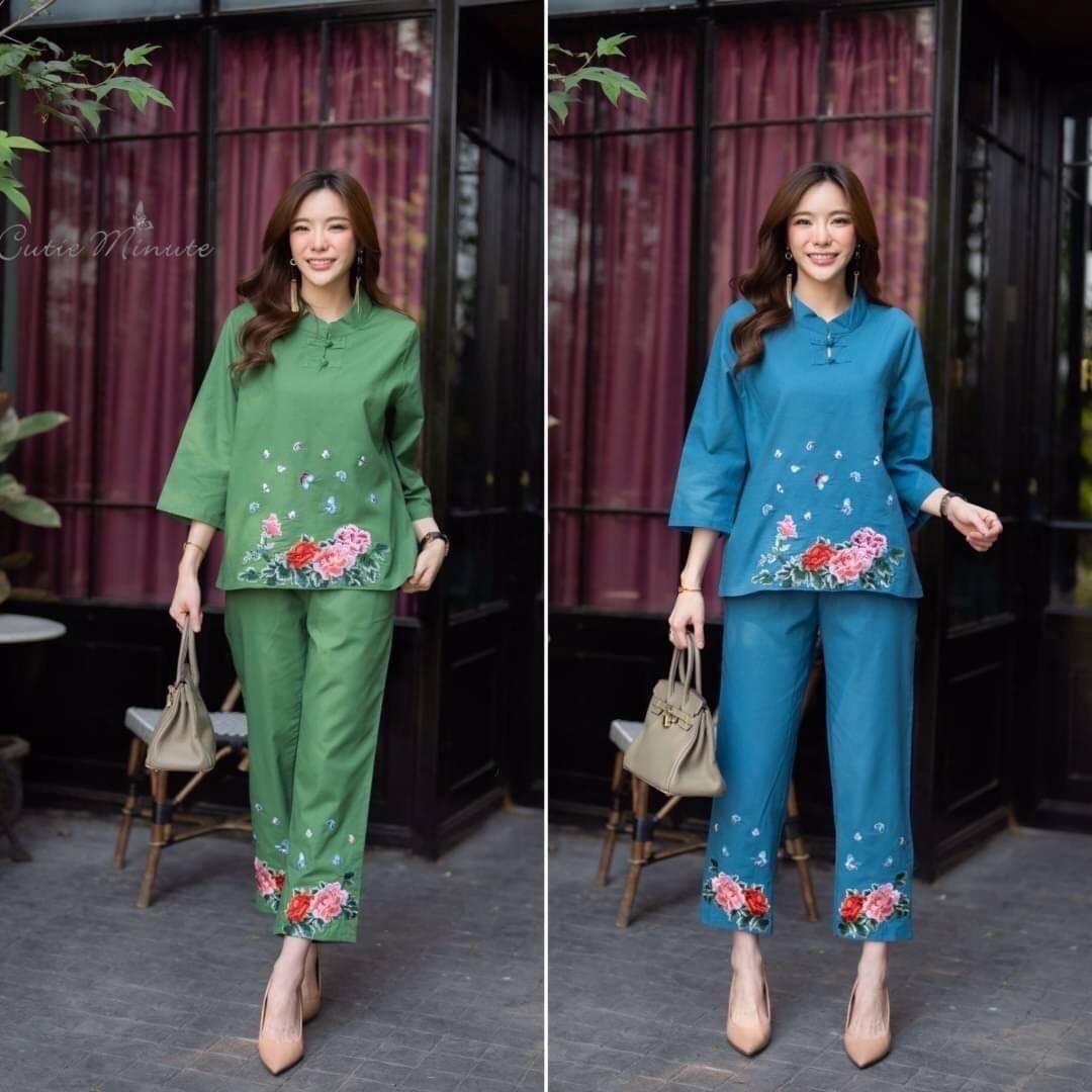 P8819 ชุดเซทตรุษจีน ผ้าลินินงานปักดอกไม้ อก 44" วงแขน 24" ยาว 25" สะโพก 44" สี เขียว สีฟ้า
