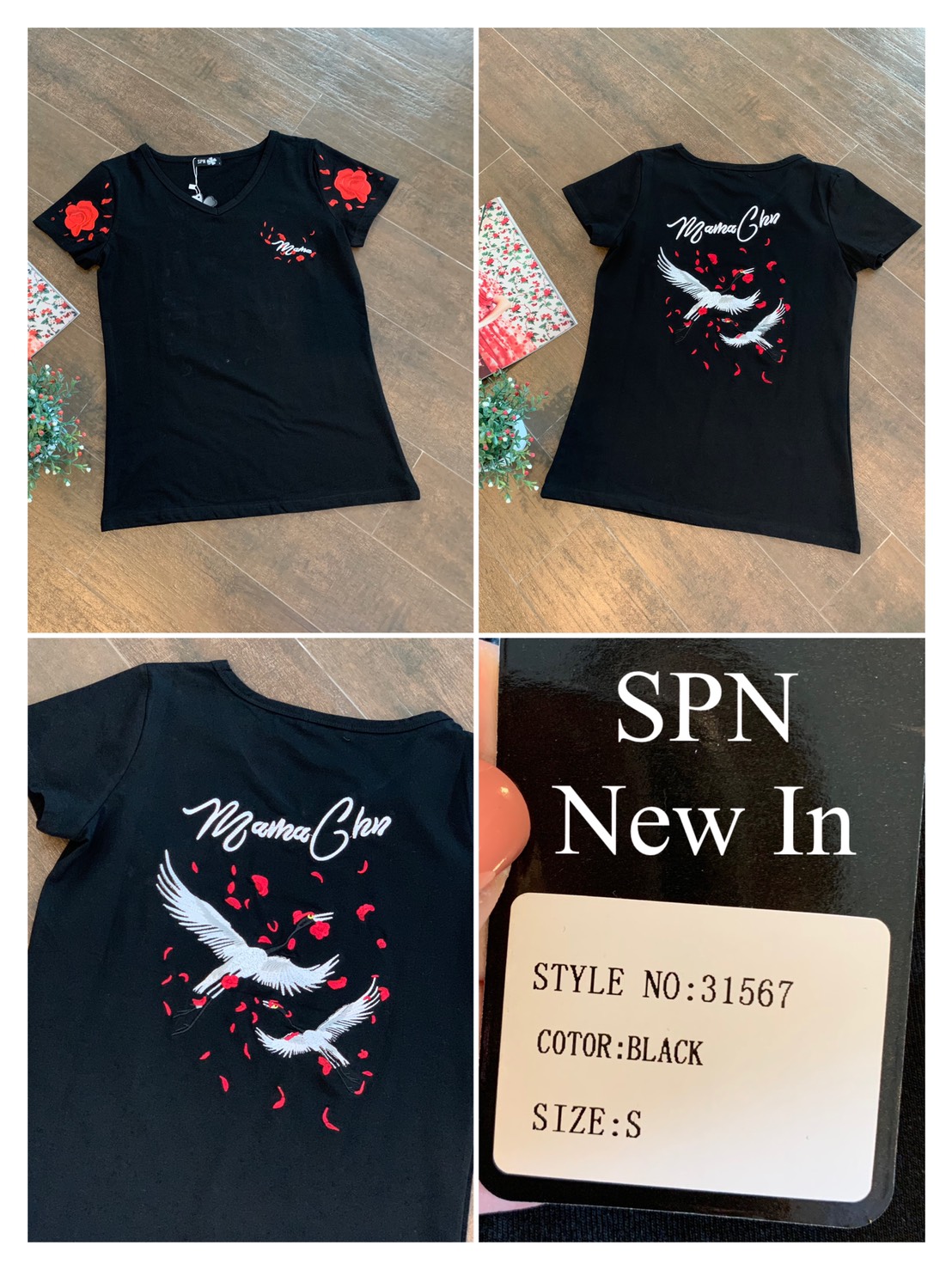 เสื้อยิดคอวี SPN แขนสั้นงานปักหน้าหลัง ลายนกกระเรียน ผ้ายืดเนื้อนิ่มมีความยืดหยุ่นดี ใส่สบาย แพทเทิร์นเข้ารูป ทรงสวยมากค่ะ สีขาว XXL สีดำ L-XXL ค่ะ