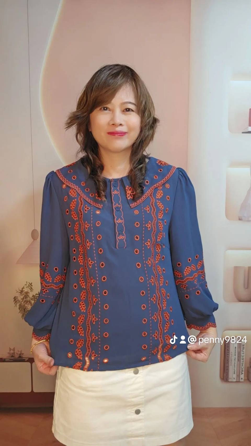 69689 เสื้อ A La Carte ชีฟองคอปก งานปักฉลุขึ้นใหม่ มีกระดุมหน้า 3 เม็ด มีซับใน by PENNY CLOTH 888