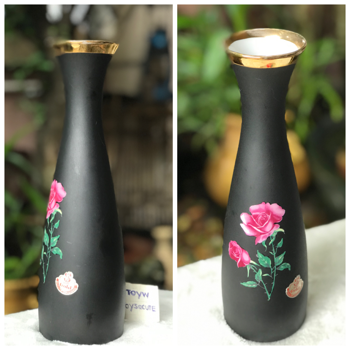 เยอรมัน แจกันบาวาเรียสีดำลายดอกกุหลาบ ขอบทอง 24K Vase Black Matte Rosebud Bavaria 24K Gold Trimmed/Gold Crown Stamped