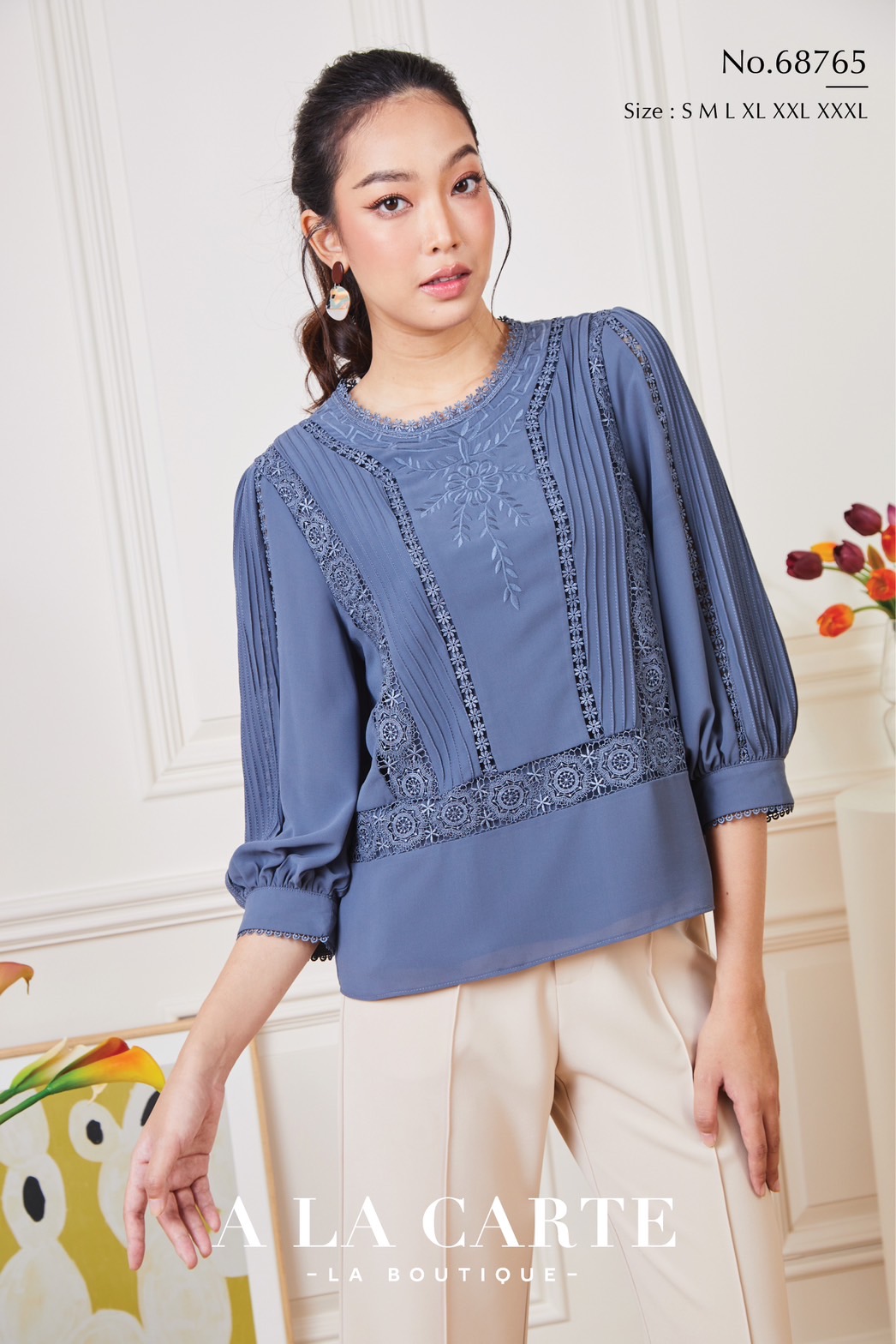 68765 เสื้อชีฟอง A LA CARTE งานปัก แทรกทริม สวยหรู มีซับใน ขนาด 3XL 46" สีขาว แดง เทา