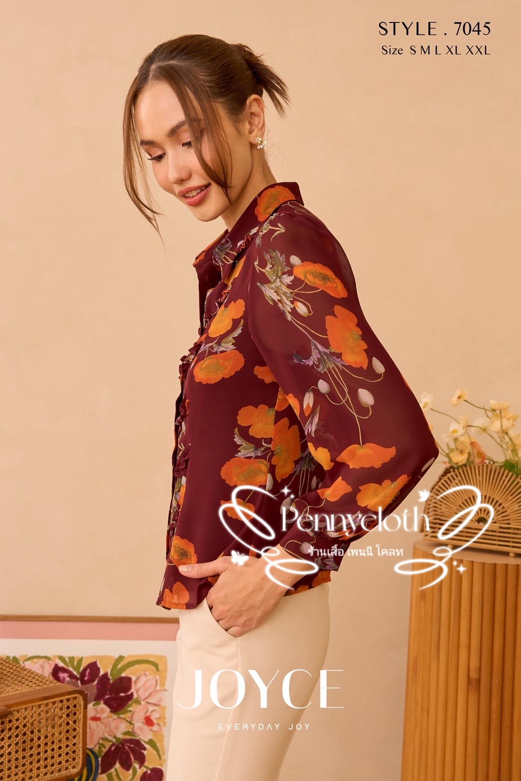 7045 เสื้อเชิ้ตแขนยาว ชีฟองพิมพ์ลาย กระดุมหน้า มีซับในเย็บติด อก 36-44" by PENNY CLOTH