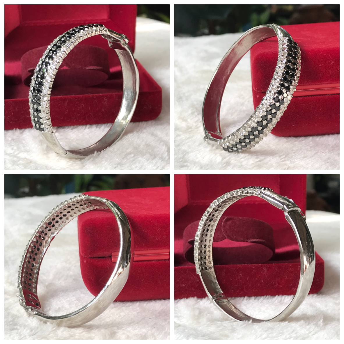 ส่งต่อ Bracelet กำไลเพชรรัสเซียสีขาวสลับสีดำ ฝังสอดสี่แถว ตัวเรือนสีเงินชุบ ด้านข้างมีตัวล๊อคเพื่อง่ายต่อการสวมใส่ เส้นผ่าศูนย์กลาง 5 ซม