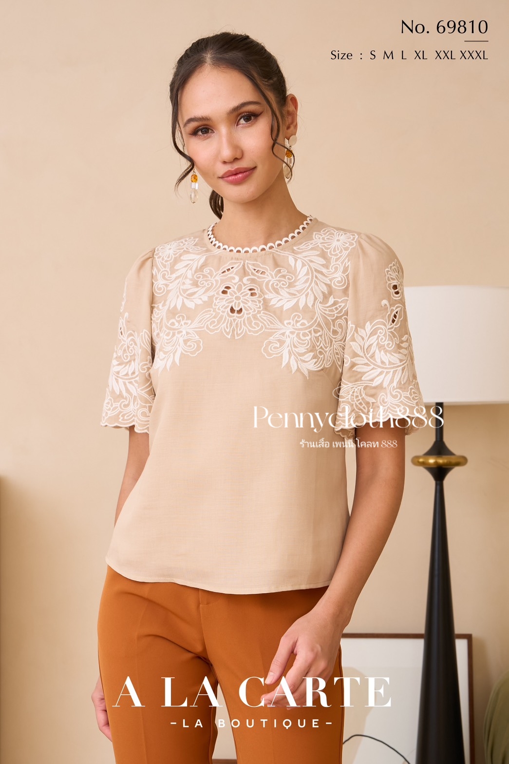 69810 เสื้อ A La Carte คอตตอนซิลด์ เนื้อดี ใส่สบาย คอกลม แขนสั้นทรงแฟร์ งานปักฉลุ มีซับในเย็บติด by PENNY CLOTH 888