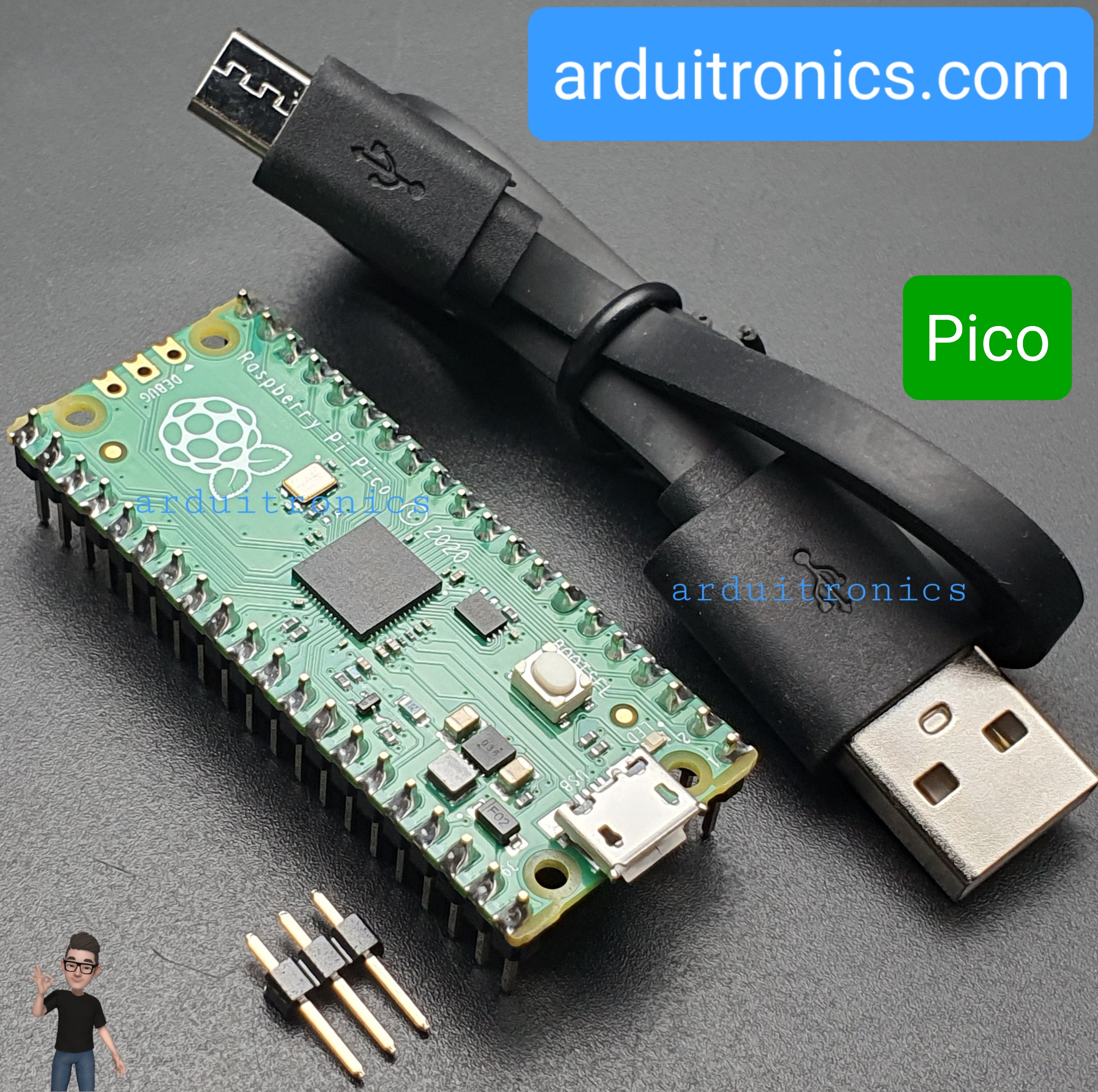 Raspberry Pi Pico (บัดกรี Pin Headers ให้) + USB Cable
