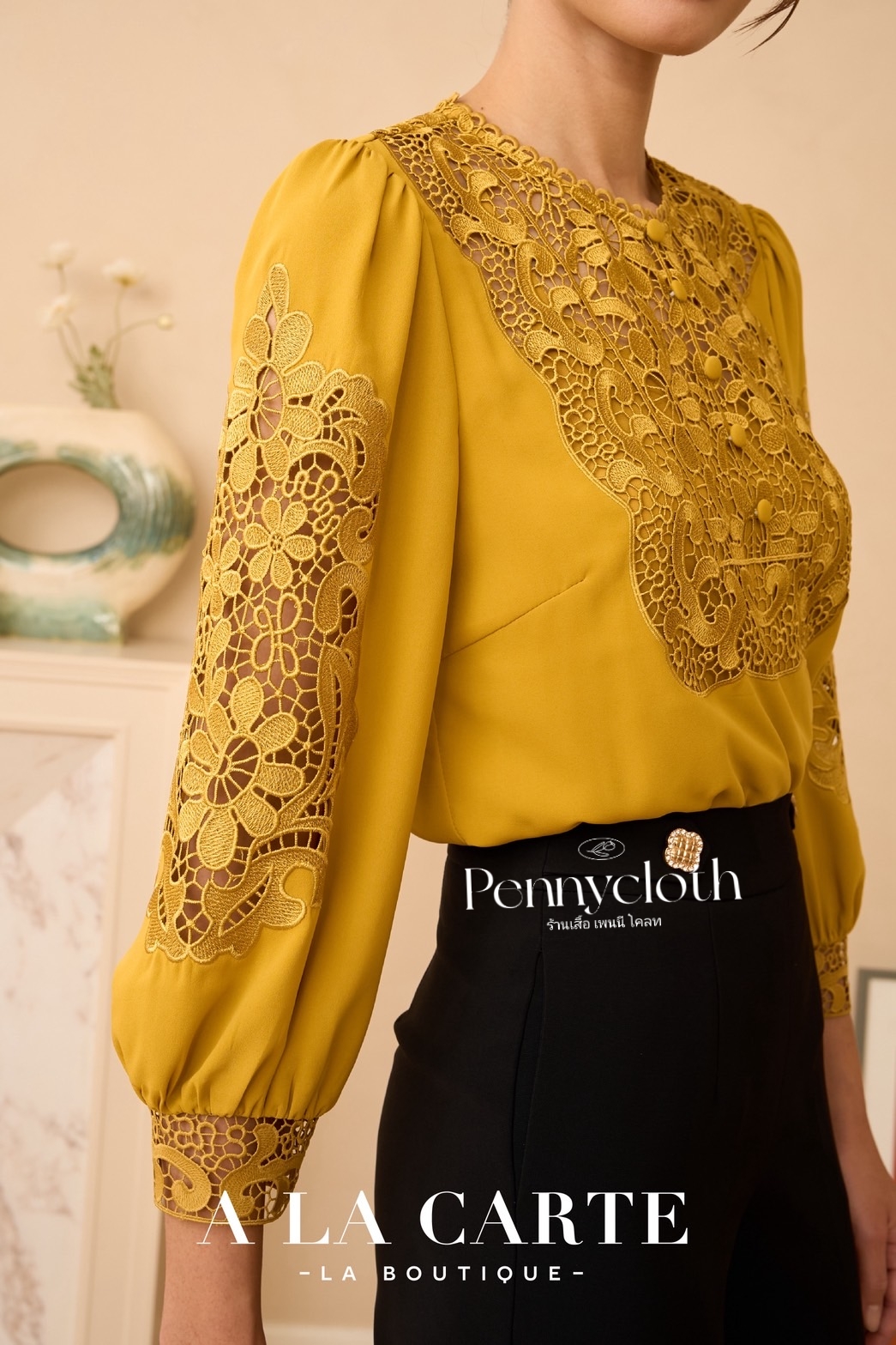 69897 เสื้อ A La Carte เสื้อชีฟองแต่งลูกไม้เนื้อทอ ช่วงอก และแขน by PENNY CLOTH