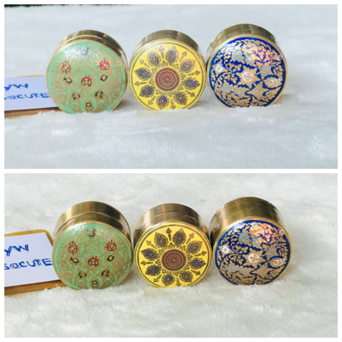 ราคาเริ่มต้นชุดละ 1,090 บาท Antique Brass ชุด 2 ชิ้น/ 4 ชิ้น งานทองเหลืองเก่า ตลับทองเหลืองลงยา ตลับขี้ผึ้งทองเหลืองลงยา ใส่ของมงคล มวลสาร