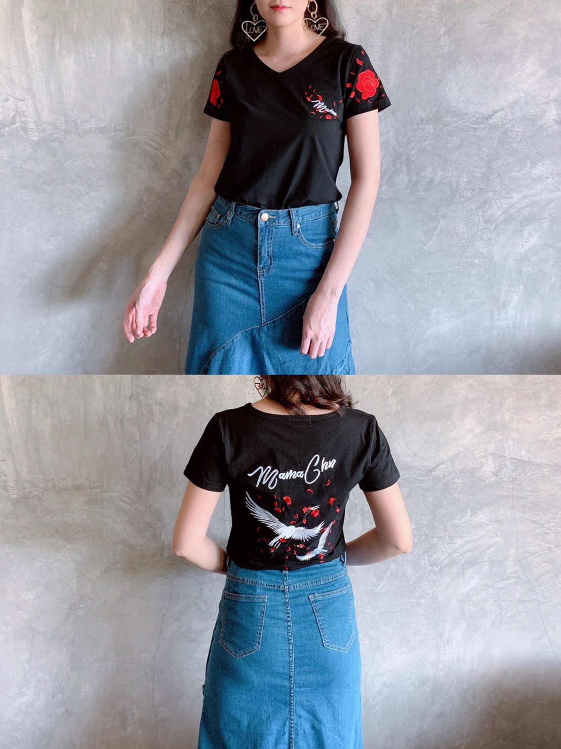เสื้อยิดคอวี SPN แขนสั้นงานปักหน้าหลัง ลายนกกระเรียน ผ้ายืดเนื้อนิ่มมีความยืดหยุ่นดี ใส่สบาย แพทเทิร์นเข้ารูป ทรงสวยมากค่ะ สีขาว XXL สีดำ L-XXL ค่ะ