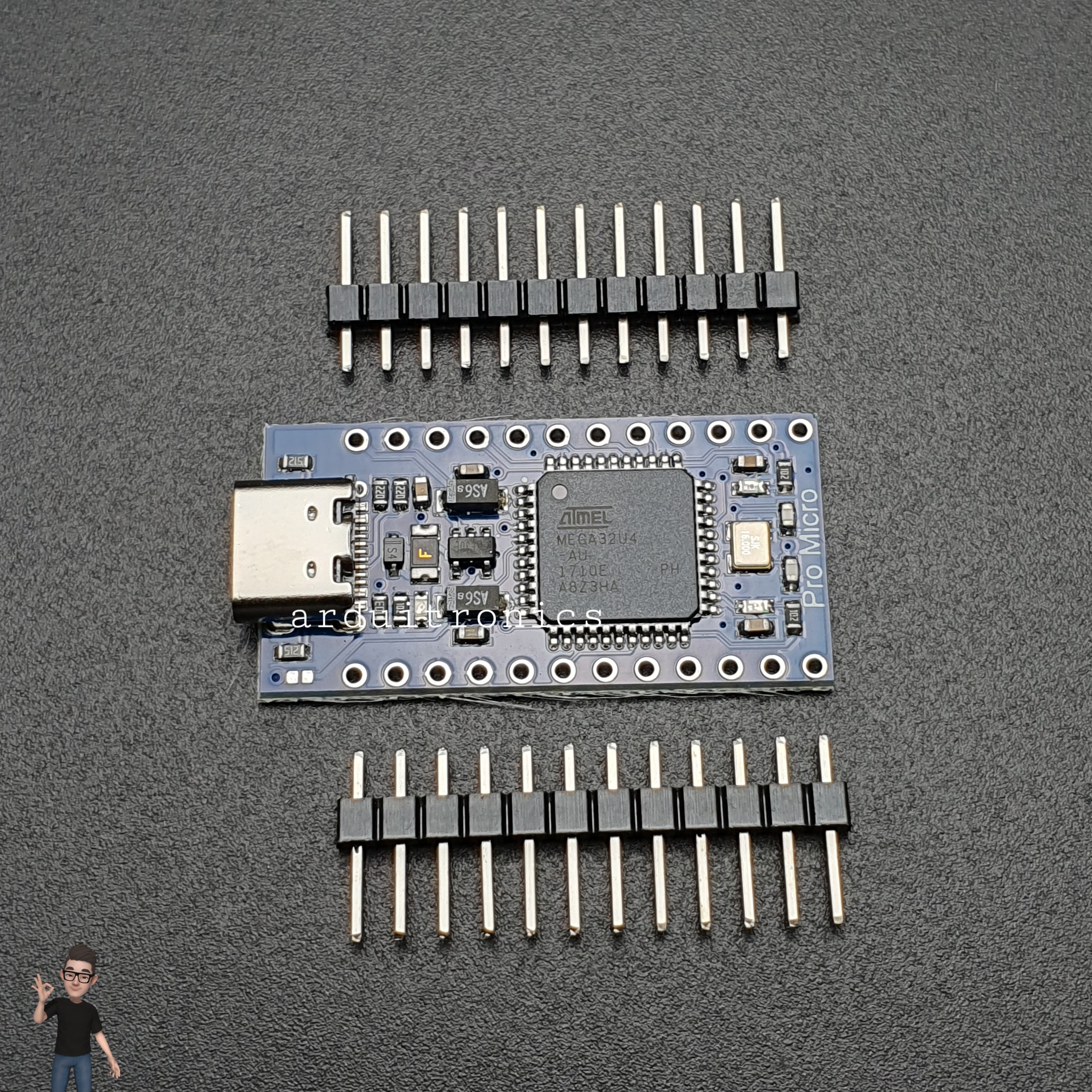 Arduino Pro Micro 5V/16MHz + Free Pin Header ( Type-C USB) ชิปใหญ่ PCB สีน้ำเงิน