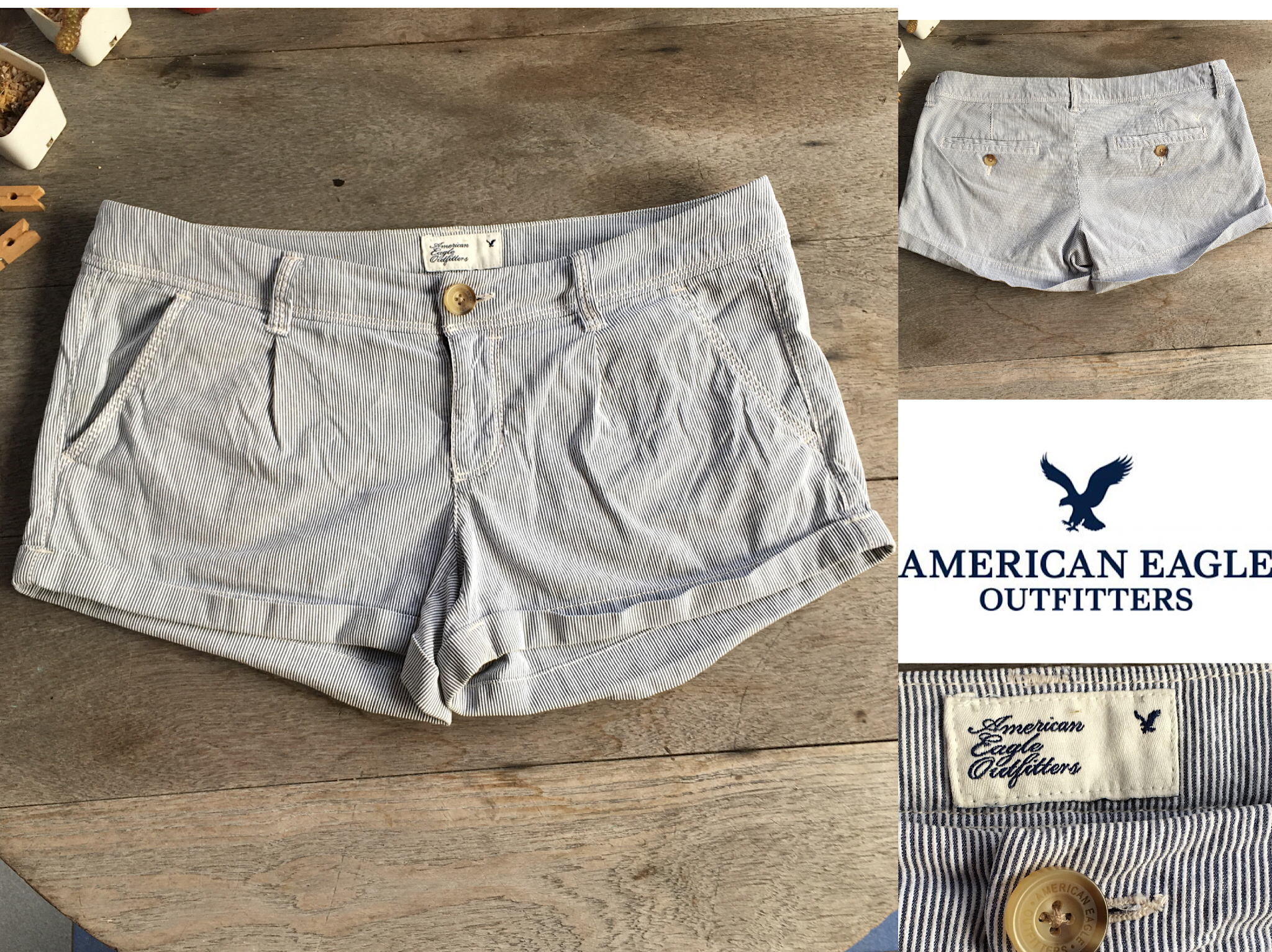 2sis1bro แบรนด์แท้ American Eagle Outfitters กางเกงขาสั้น ลายทาง มือสอง พร้อมส่ง sz 4