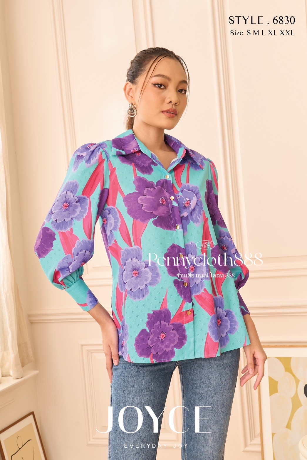 6830 เสื้อเชิ้ตทรงโอเวอร์ไซซ์ ผ้าพิมพ์ลายดอก กระดุมหน้า แขน 3 ส่วน S 38,M 40,L 42 , XL 44,2XL 46