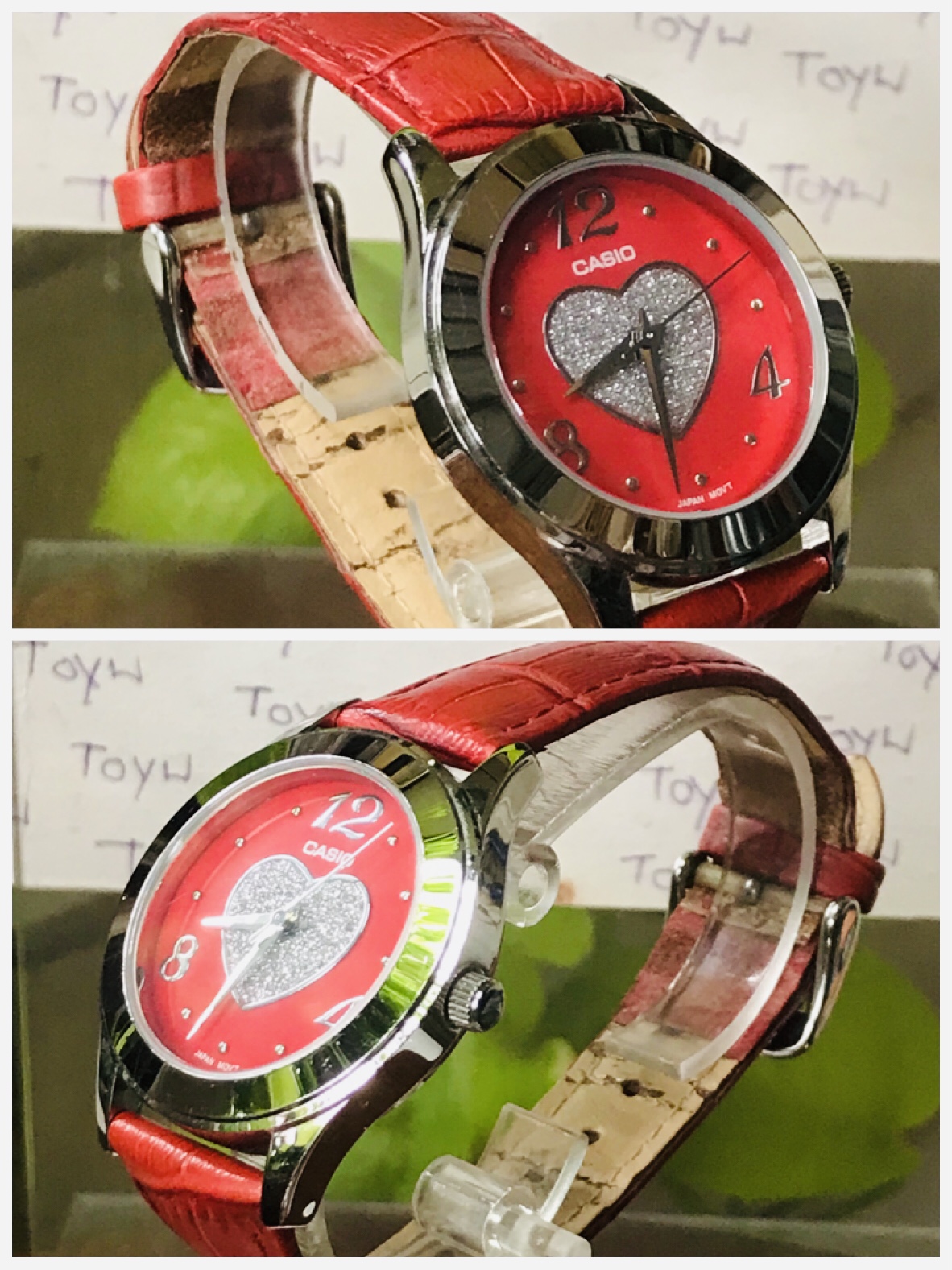 เก็บเก่า ต้องเปลี่ยนสาย นาฬิกาข้อมือผู้หญิง นาฬิกาหน้าปัดสีแดง CASIO รุ่น LTF-123 พื้นหน้าปัดเป็นเปลือกหอยมุก