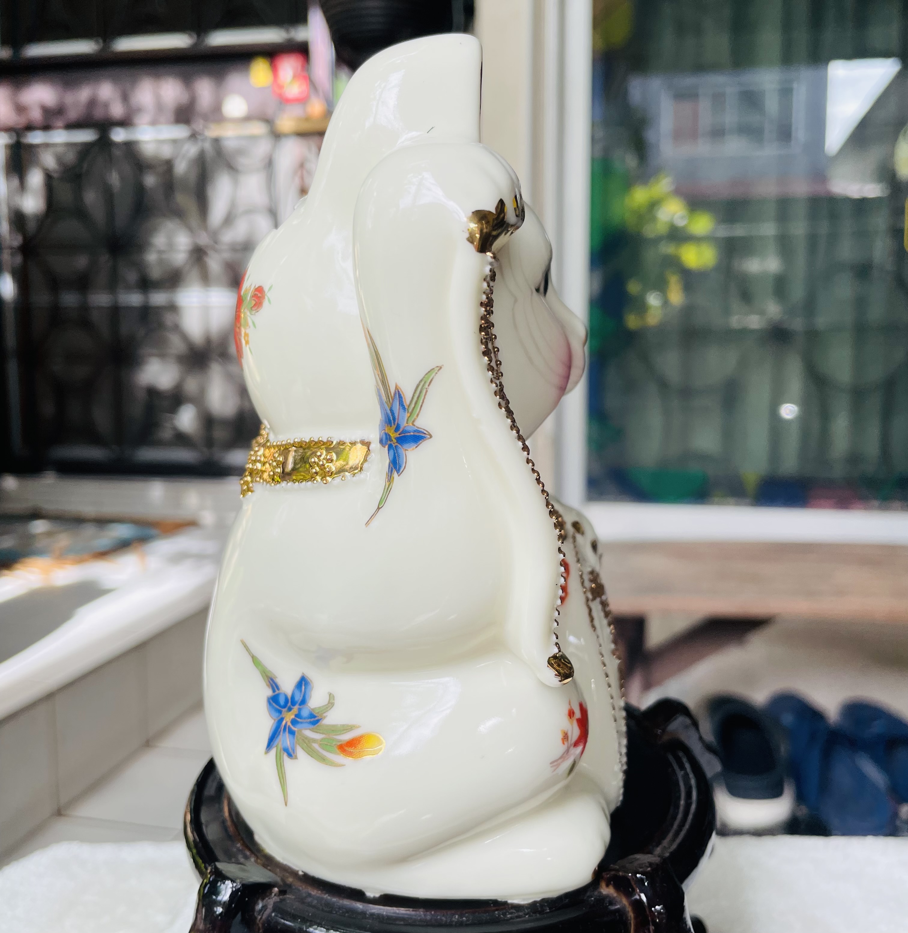 ￼เก็บใหม่ แมวกวักนำโชค มาเนกิเนะโกะ Vintage Maneki-Neko Cream Gold Lucky Beckoning Cat Coin Bank Ceramic