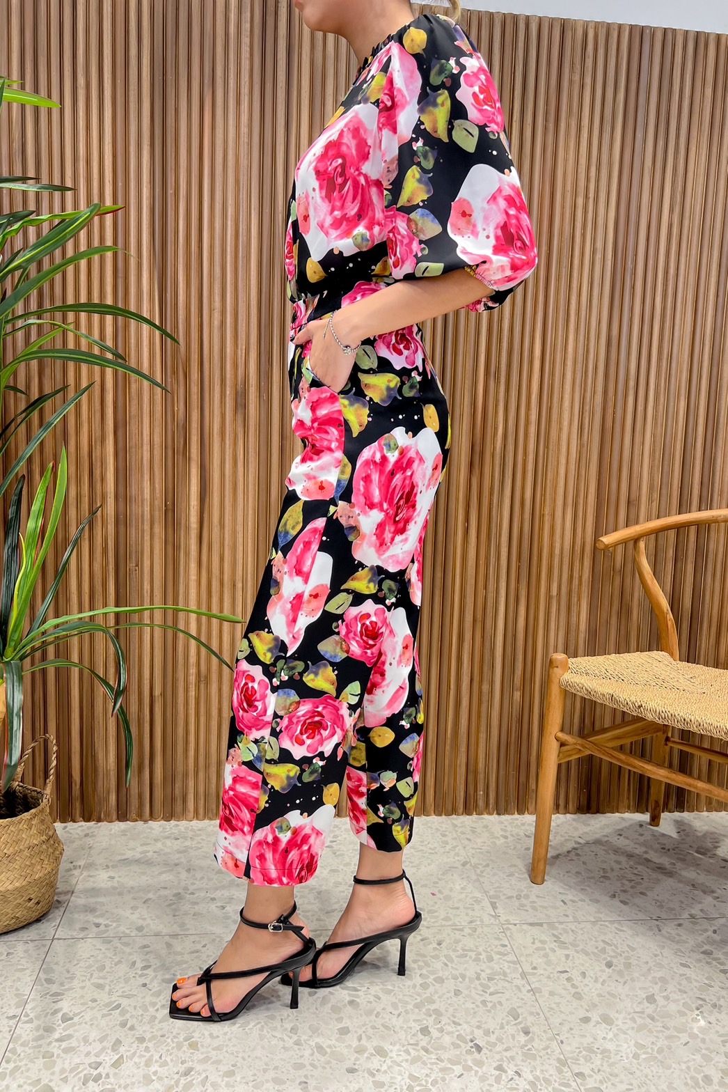 JS0059B 👛🌹A la carte🛍ชุดเซทเสื้อจอร์เจีย กางเกงพิมพ์ลาย ใส่สบาย แขน 3 ส่วน กางเกง5 ส่วนทรงกระบอก 🍀สีม่วง XL