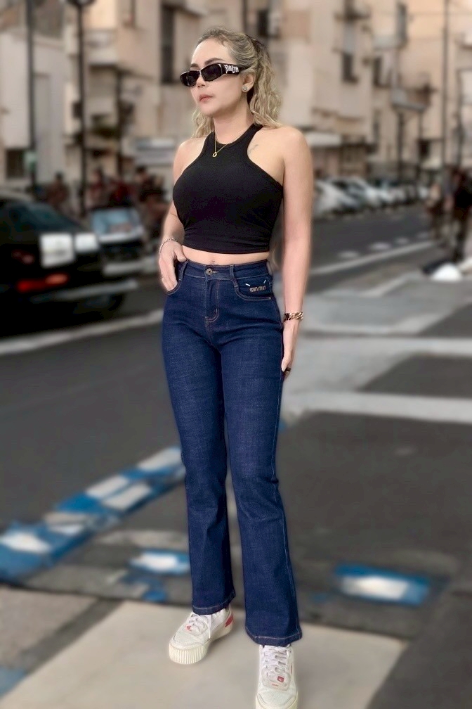 คาราเฟ่ #901 สลาฟกรมเข้ม เอวกลาง ขาม้า 9 ส่วน ซิป