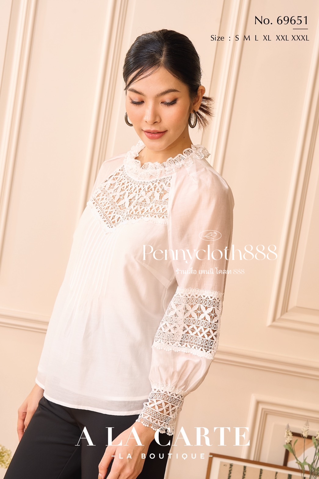 69651 เสื้อ Alacarte ชีฟองซิลด์เนื้อเนียนใส่สบาย ตัดต่อลูกไม้ ตีเกล็ด มีซับ แขนยาวแต่งลูกไม้ สวยหรู