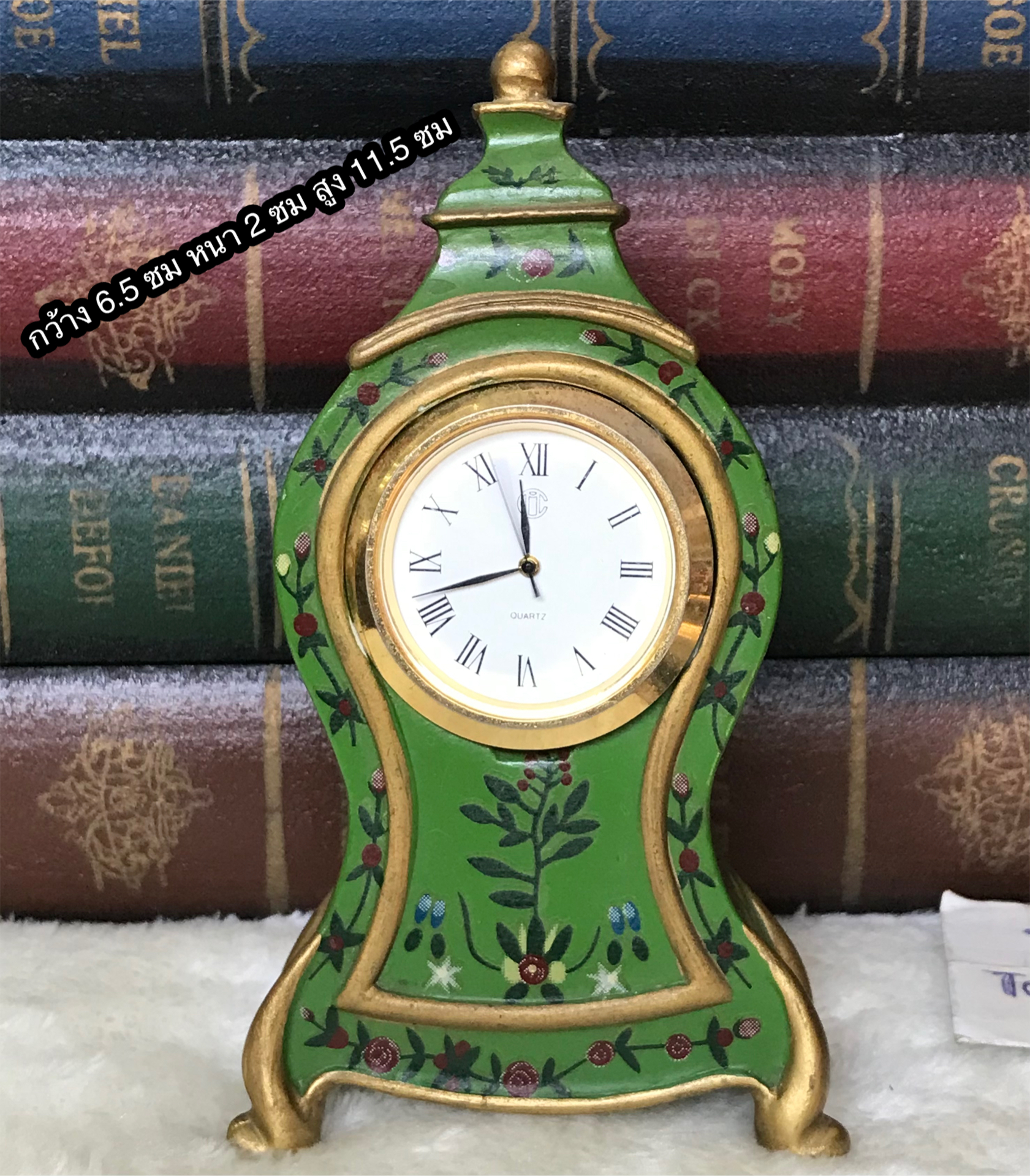 นาฬิกาตั้งโต๊ะโบราณ ขนาดเล็ก/ใช้งานปกติ Antique Swiss Made Beyer Clock,Green Case w/ Hand Painted Flowers