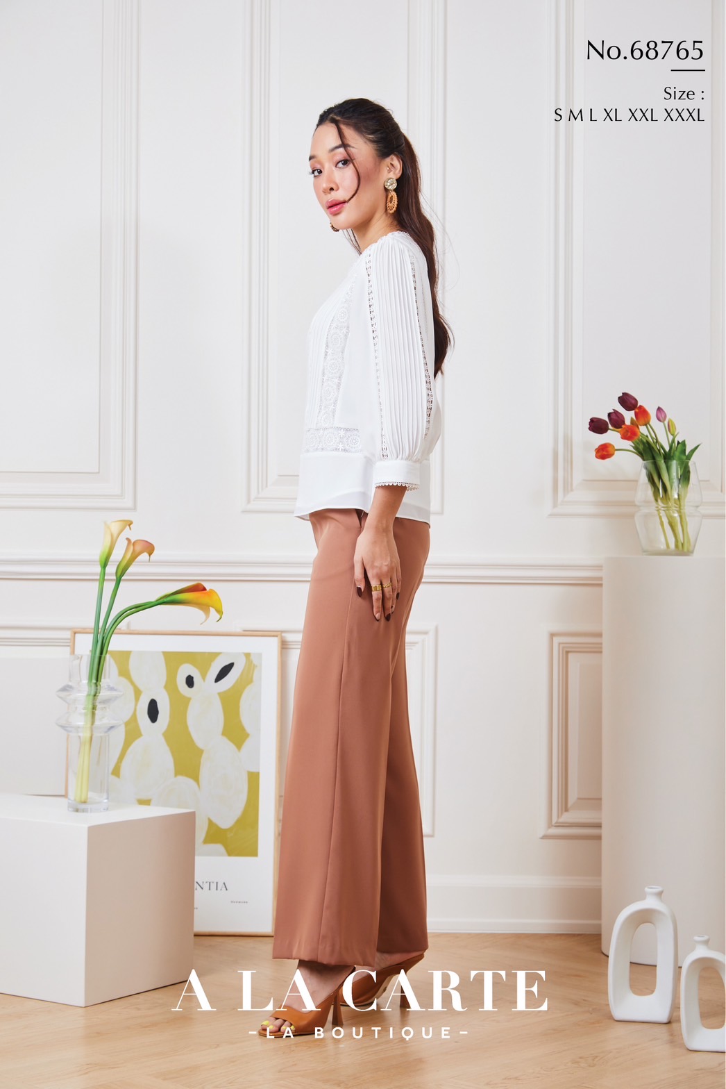 68765 เสื้อชีฟอง A LA CARTE งานปัก แทรกทริม สวยหรู มีซับใน ขนาด 3XL 46" สีขาว แดง เทา