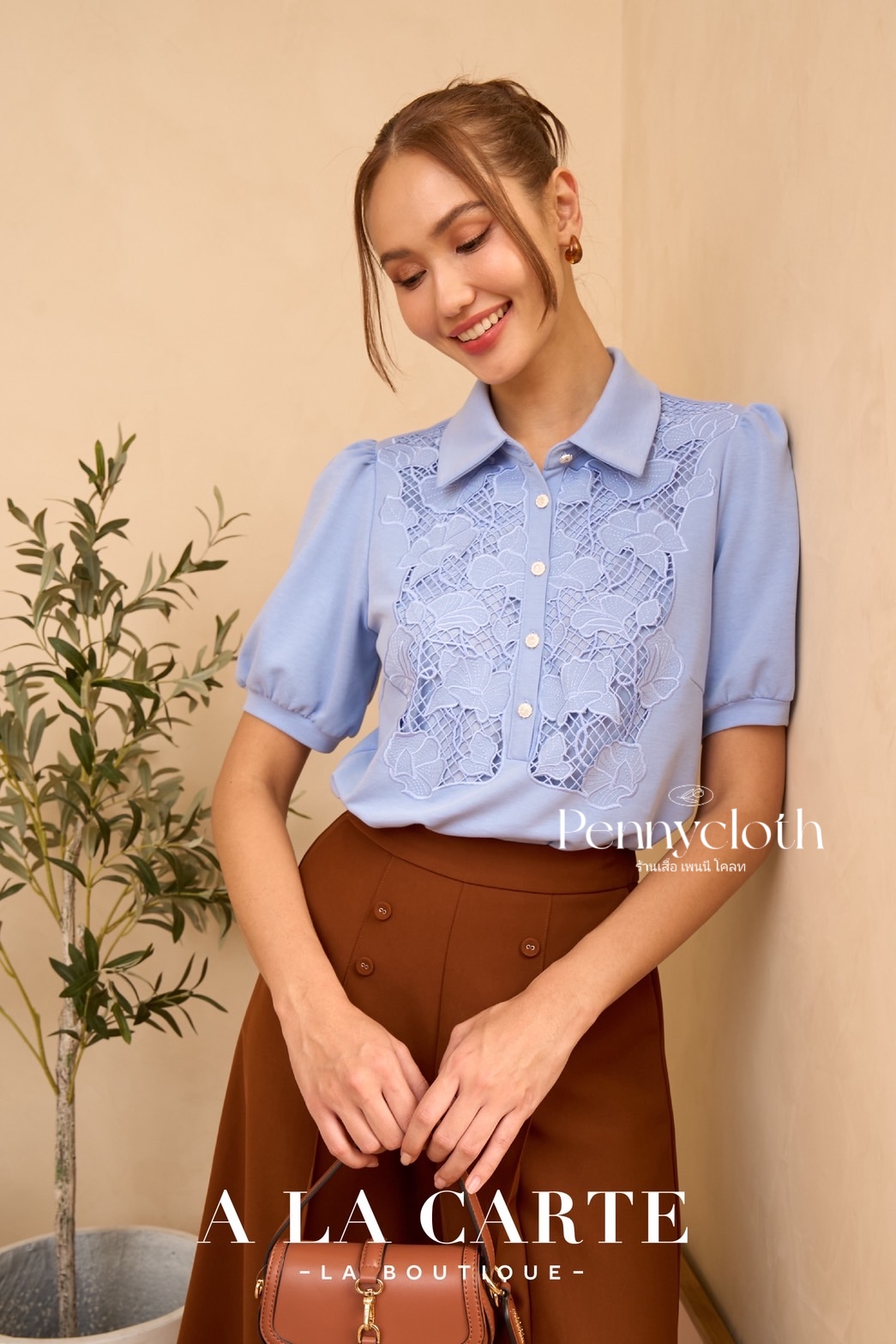69969 เสื้อยืด A La Carte คอปกโปโล แขนสั้น งานปักฉลุ by PENNY CLOTH อก 38-46"