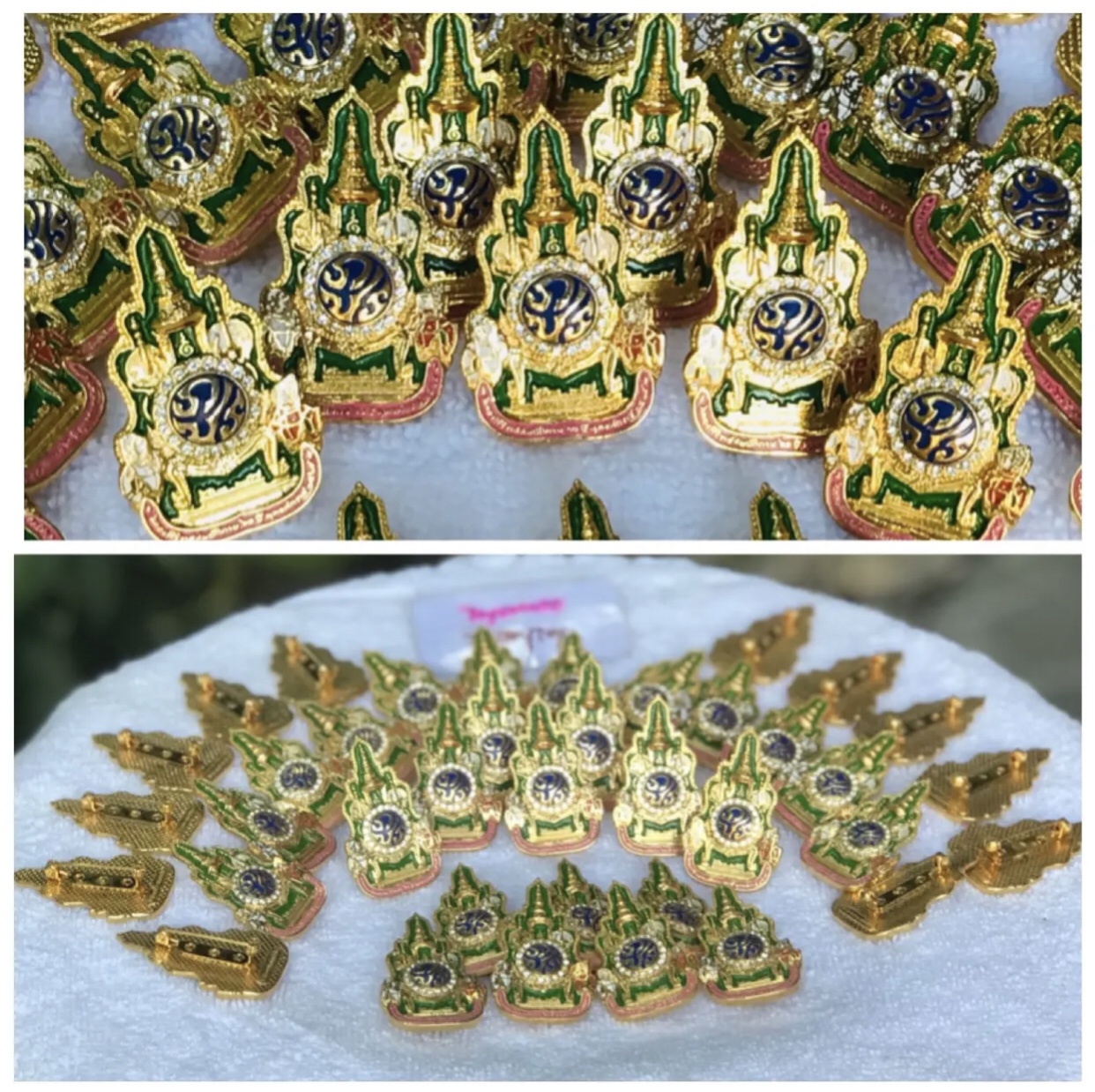 เข็มกลัดแท้ ตอกโค้ด ที่ รล ๐๐๓.๓/๑๗๗๐ ที่ระลึกตราสัญลักษณ์งานฉลองสิริราชสมบัติ 60 ปี ปี 2549 ในหลวงรัชกาลที่ 9 ประดับด้วยคริสตัลของ "สวารอฟสกี้" ซึ่งนำเข้าจากประเทศออสเตรีย จำนวน 22 เม็ด ขนาดกว้าง 2.5 ซม สูง 4 ซม