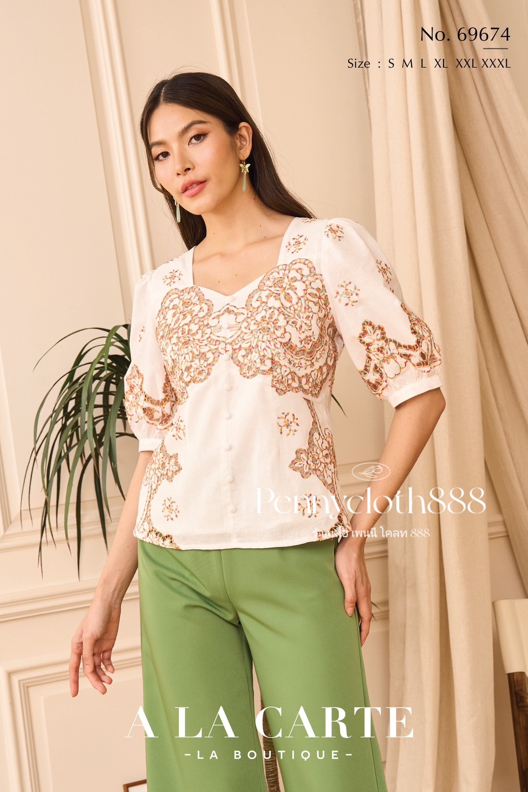 69674 เสื้อ A La Carte ลินินแขนสั้น คอเหลี่ยม งานปักฉลุ แต่งกระดุมหน้า ซิปหลัง มีซับใน